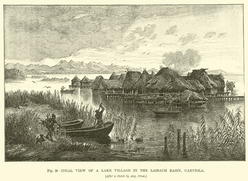 Ideal view of a lake village in the Laibach Basin, Carniola  af English School