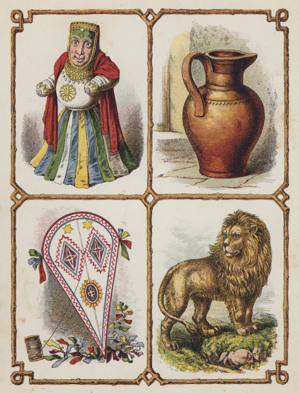 Idol, kande, drage, løve (farvelitografi) af English School