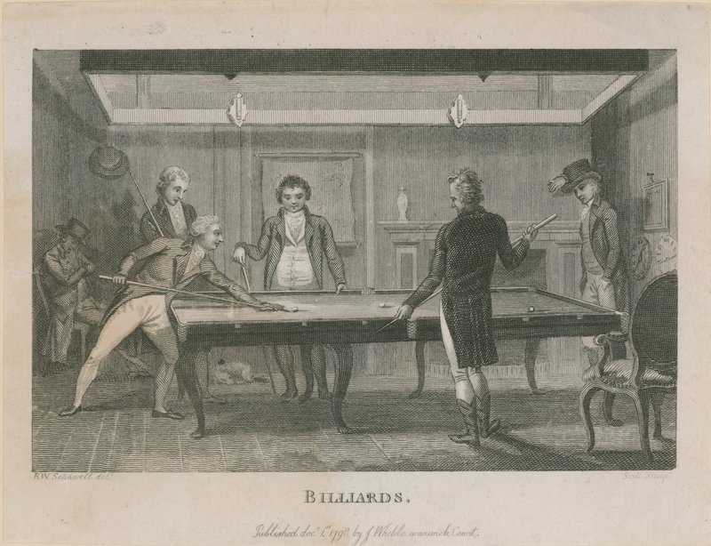 Illustration, der viser en gruppe mænd, der spiller billard af English School