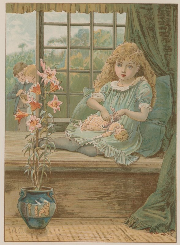 Illustration, der viser en ung pige, der sidder i et vinduessæde af English School