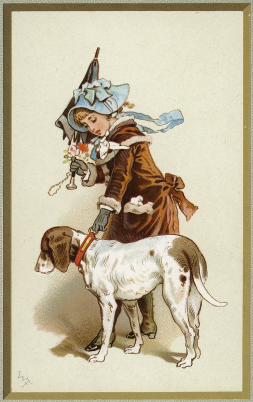 Illustration, der viser en ung pige, der går tur med en hund af English School