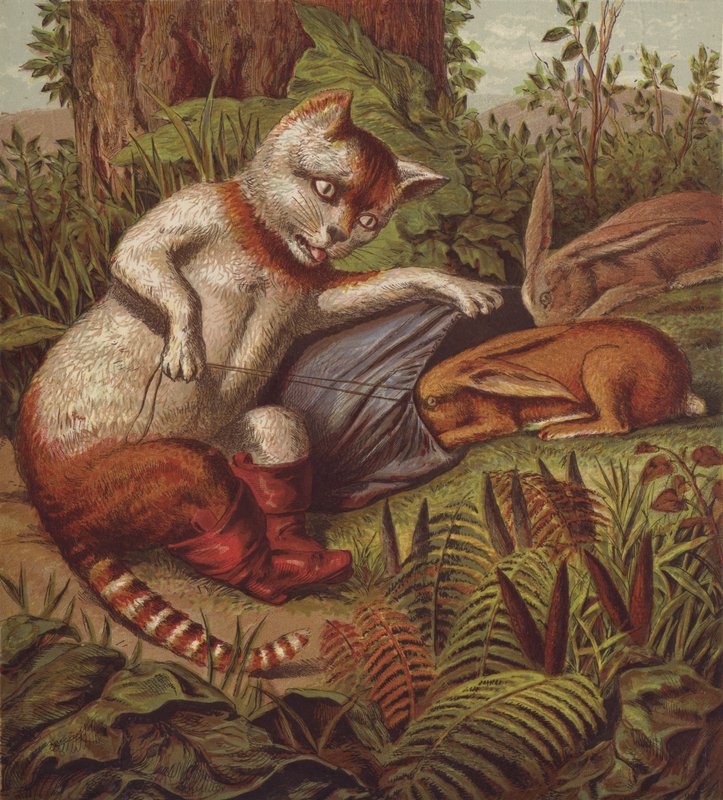 Illustration til Puss in Boots (farve litho) af English School