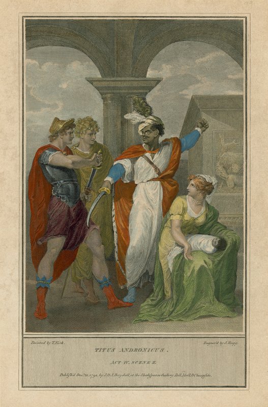 Illustration til Shakespeares Titus Andronicus, akt IV, Scene 2 (farvet indgravering) af English School