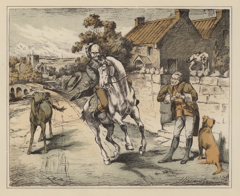 Illustration til The Diverting History of John Gilpin af William Cowper (farvelitografi) af English School