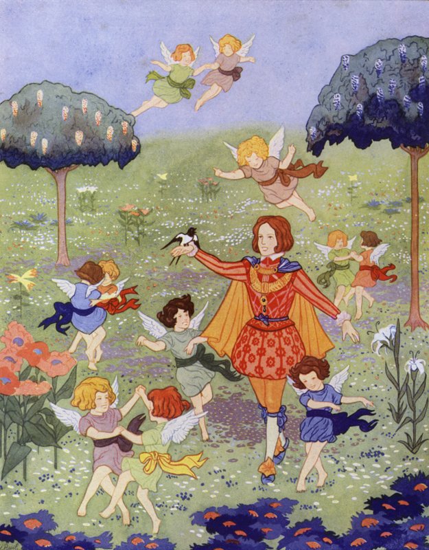 Illustration til The Happy Prince af Oscar Wilde (farve litho) af English School