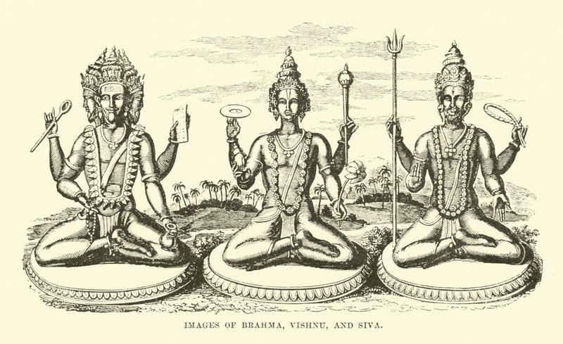 Billeder af Brahma, Vishnu og Siva af English School