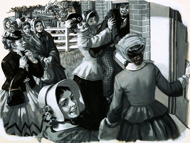 I 1848 organiserede Elizabeth Cady Stanton et suffragettemøde i New York (gouache på papir) af English School