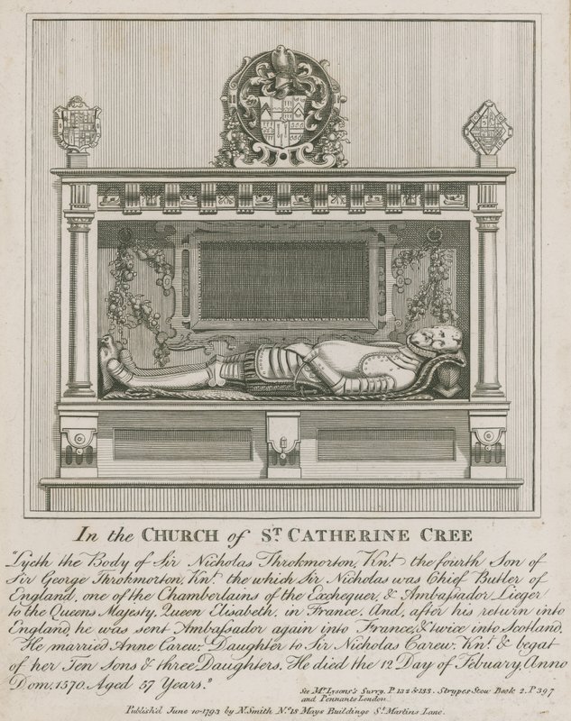 I Church of St Catherine Cree ligger liget af Sir Nicholas Throkmorton af English School