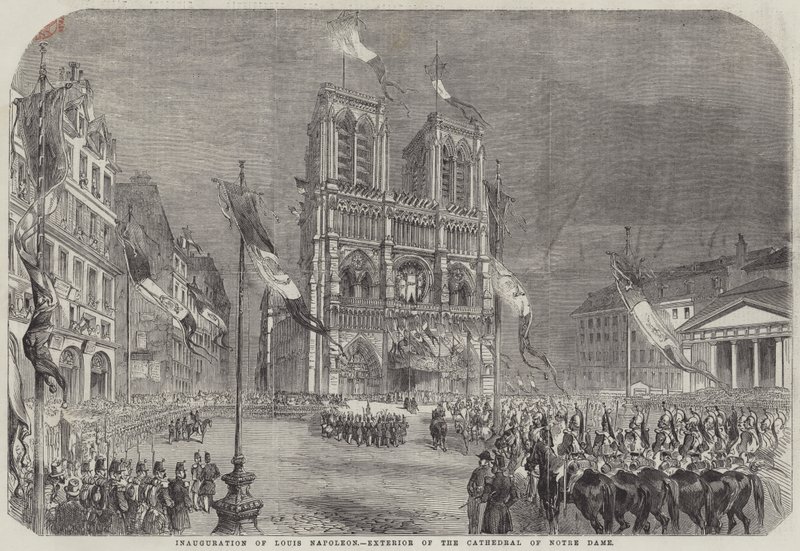 Indvielse af Louis Napoleon, eksteriør af katedralen Notre Dame (gravering) af English School