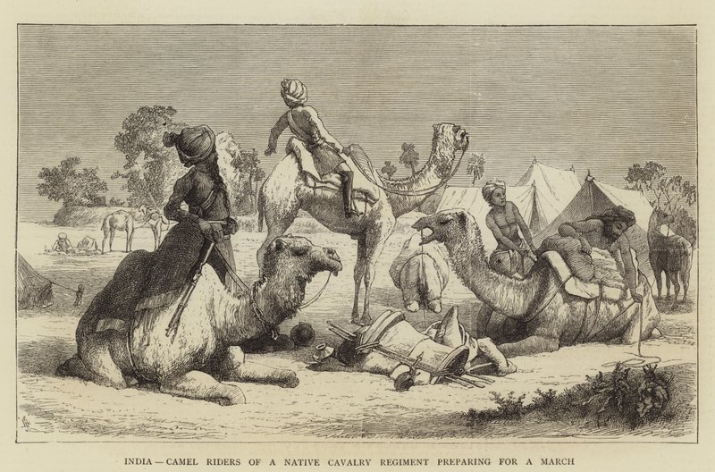 Indien, kamelryttere af et indfødt kavaleriregiment forbereder sig på en marts (gravering) af English School