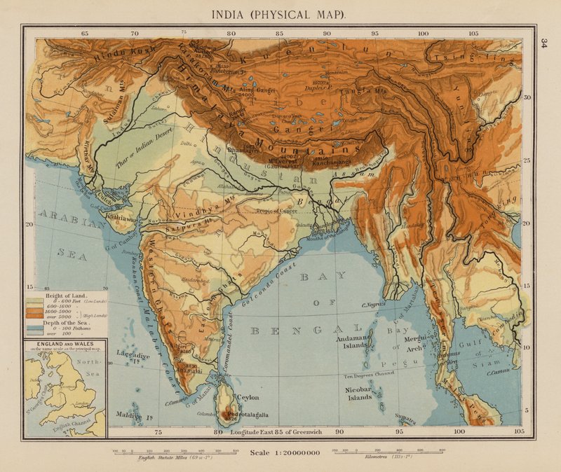Indien, fysisk kort (farvelitografi) af English School