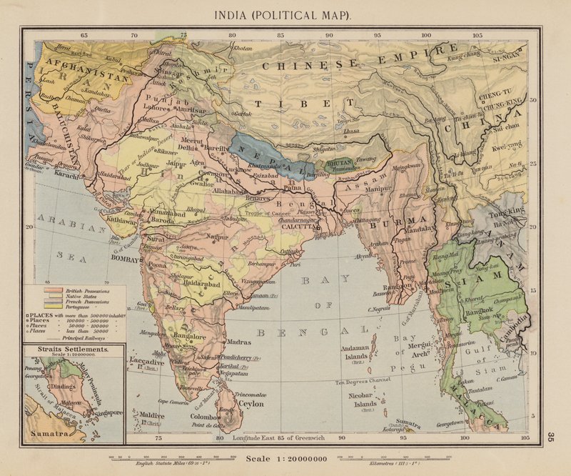Indien, politisk kort (farvelitografi) af English School