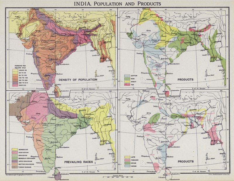 Indien, befolkning og produkter (farve litho) af English School