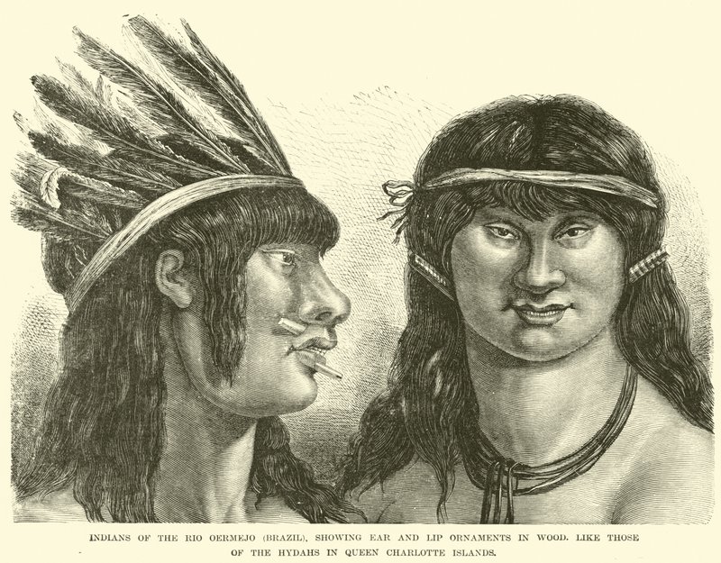 Indianere fra Rio Oermejo (Brasilien), der viser øre- og læbepynt i træ, som dem fra Hydahs på Queen Charlotte Islands af English School