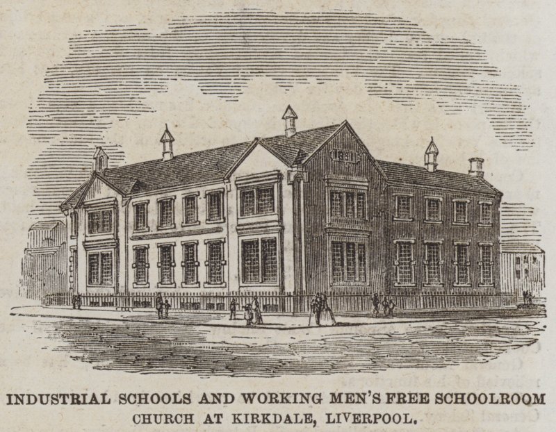 Industriskoler og arbejdende mænds friskolekirke i Kirkdale, Liverpool (gravering) af English School