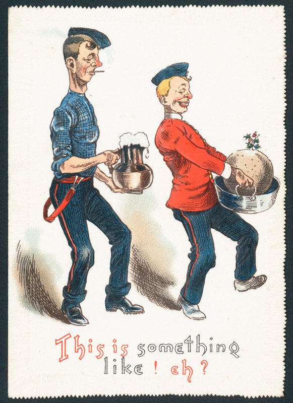 Berusede herrer med blommebudding og drink (humoristisk), julekort af English School