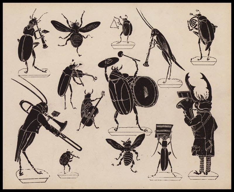 Insekter, der spiller på musikinstrumenter (litho) af English School