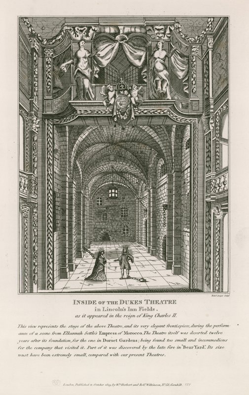 Inde i Dukes Theatre i Lincolns Inn Fields, som det så ud under kong Charles II. af English School