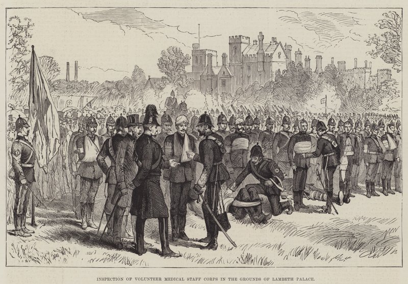 Inspektion af frivillige medicinske stabskorps på grunden af Lambeth Palace (gravering) af English School