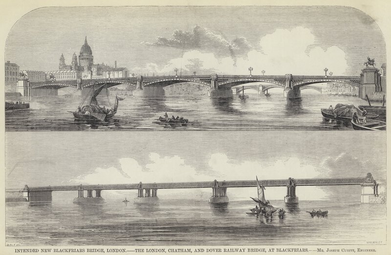 Påtænkt New Blackfriars Bridge, London, London, Chatham og Dover Railway Bridge, ved Blackfriars (gravering) af English School