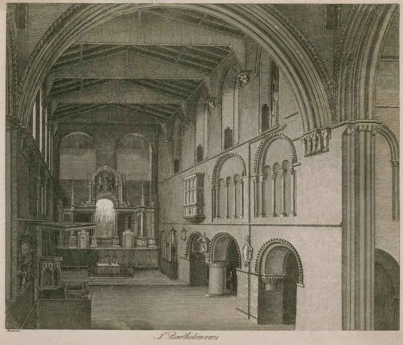 Interiør af St Bartholomew den Store Kirke af English School