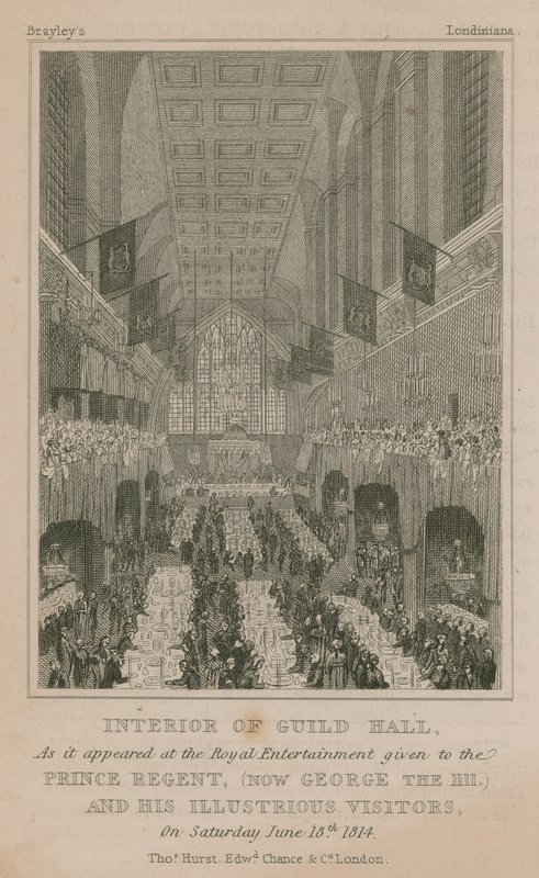 Interiør af Guildhall, London, som det så ud på Royal Entertainment givet til Prince Regent af English School