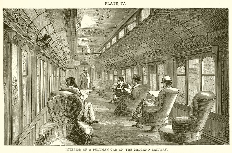 Interiør af en Pullman Car på Midland Railway af English School