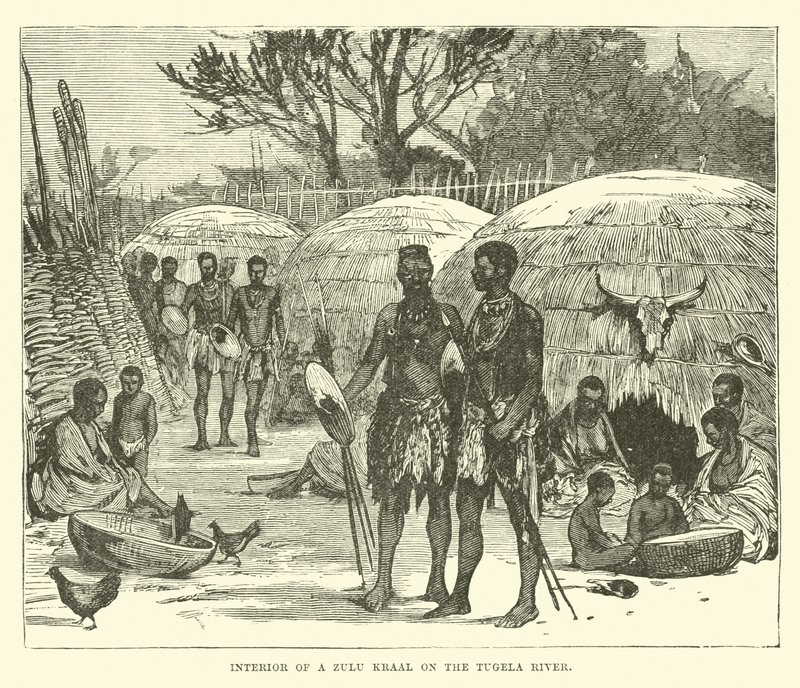 Interiør af en Zulu Kraal ved Tugela-floden af English School