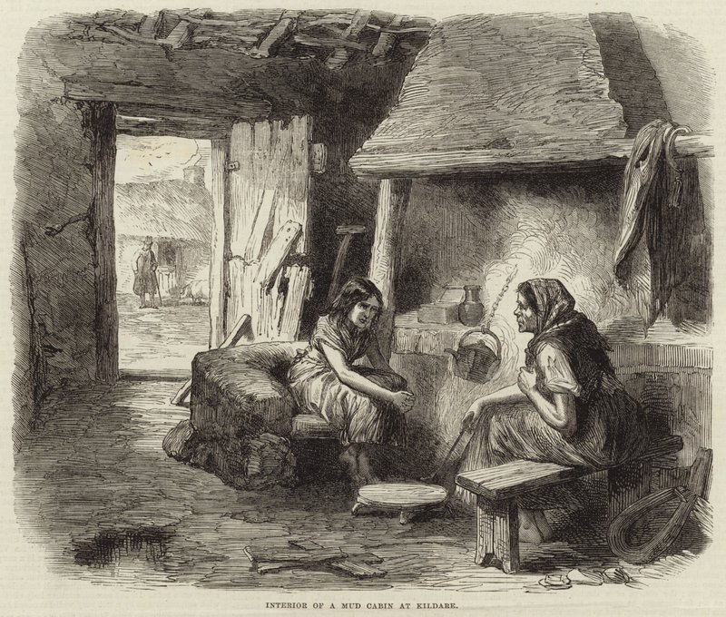 Interiør af en mudderhytte ved Kildare af English School