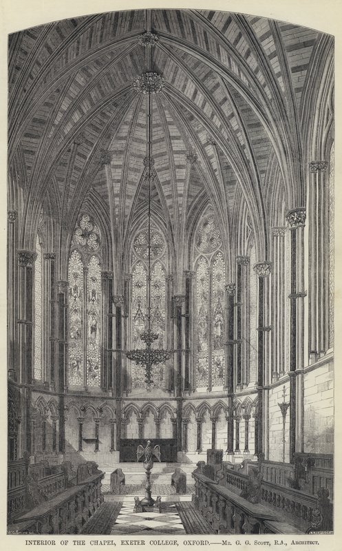 Det indre af kapellet, Exeter College, Oxford (gravering) af English School