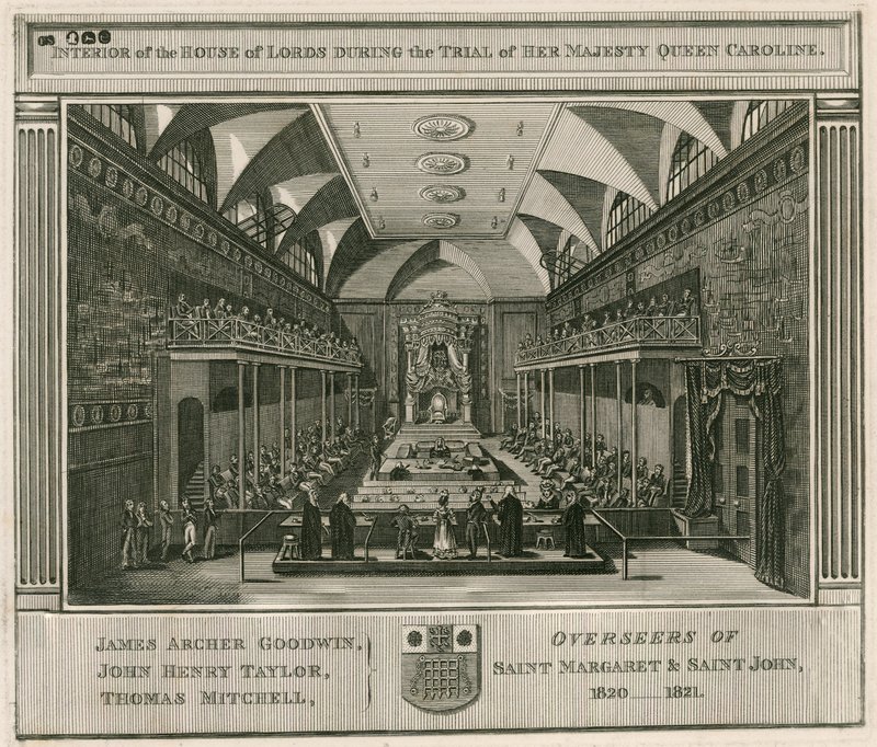 Interiør af House of Lords under retssagen mod Hendes Majestæt Dronning Caroline af English School
