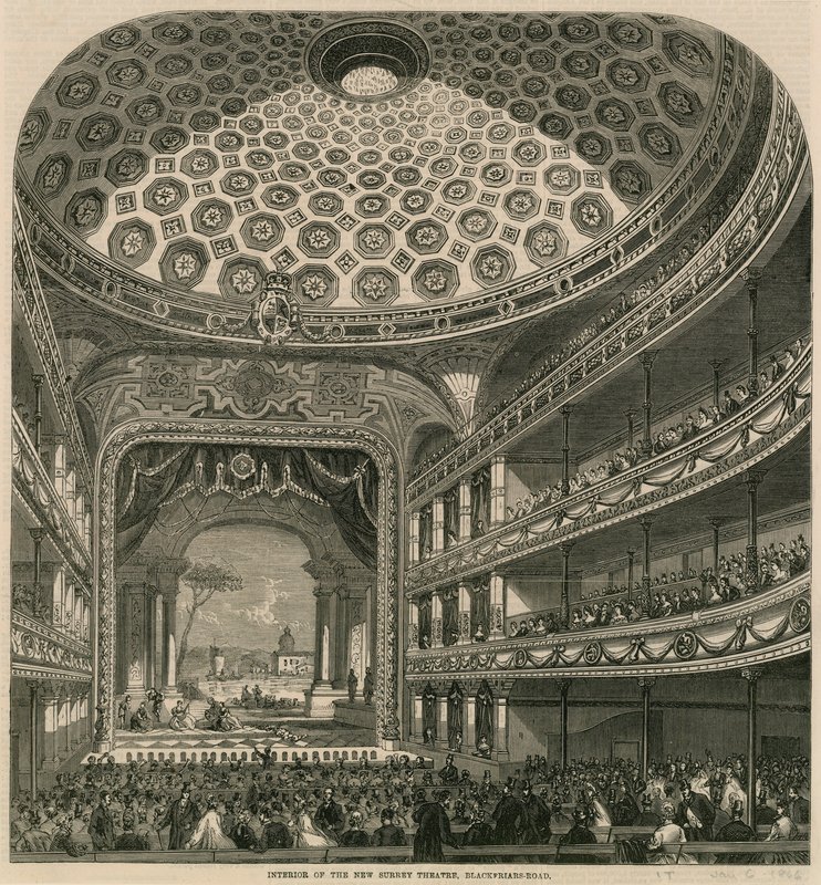 Interiør af New Surrey Theatre, Blackfriars Road, London af English School