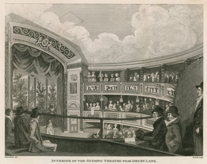 Interiør af Royal Olympic Theatre, Wych Street, nær Drury Lane, London af English School