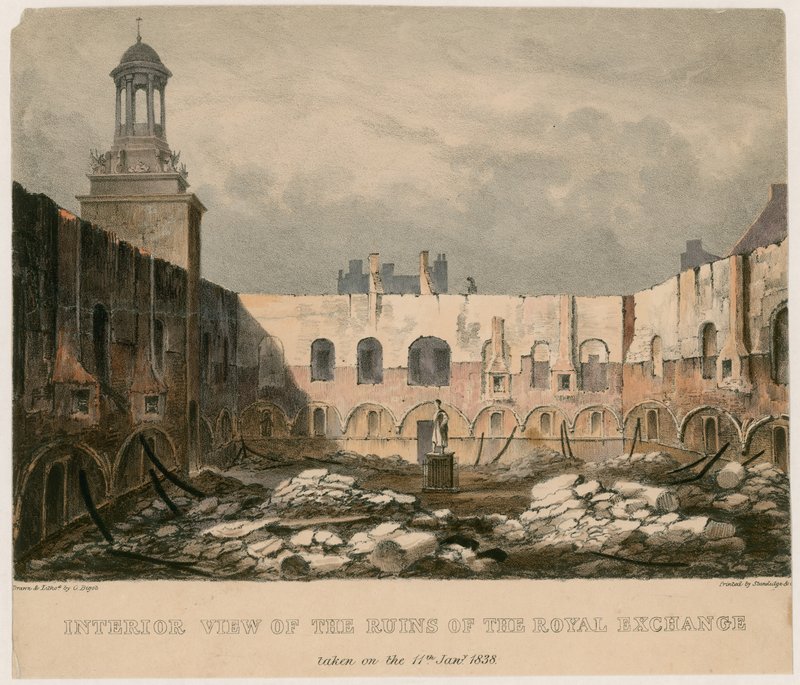 Indvendigt billede af ruinerne af Royal Exchange, London, taget den 11. januar 1838 af English School