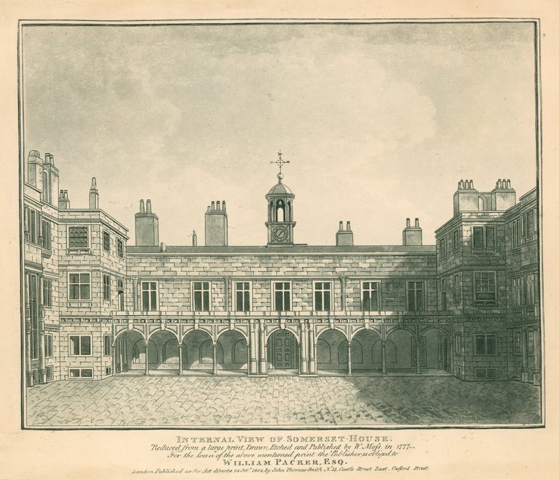 Indvendig udsigt Somerset House, The Strand, London; baseret på et tryk tegnet af W Moss i 1777 af English School