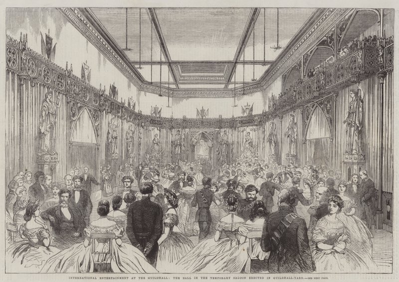 International underholdning i Guildhall, Ballen i den midlertidige Saloon opført i Guildhall-Yard (gravering) af English School