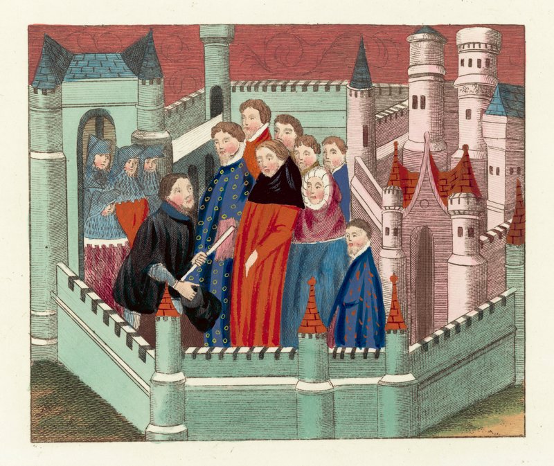 Interview mellem hertugen af Lancaster og kong Richard II (farvet gravering) af English School