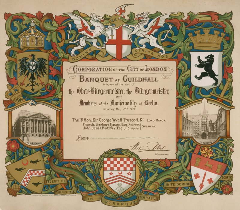 Invitation fra Corporation of London til en banket i Guildhall, 24. maj 1909 af English School