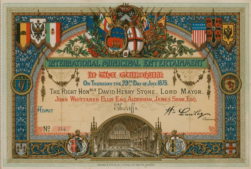 Invitation til International Municipal Entertainment i Guildhall, London, den 29. juli 1875 af English School