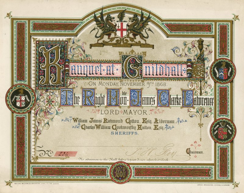 Invitation til en banket i Guildhall, London, den 9. november 1868 af English School