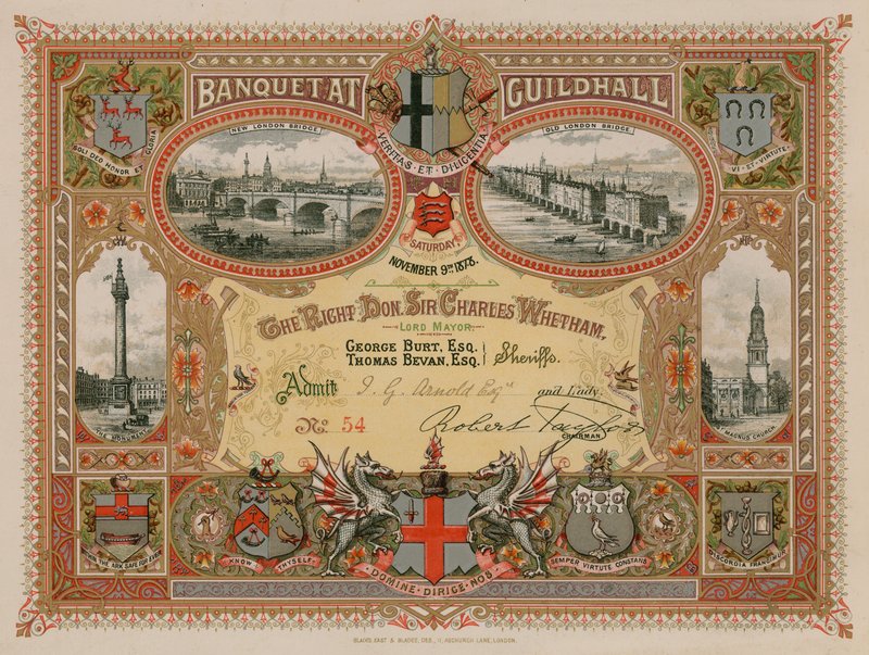 Invitation til en banket i Guildhall, London, den 9. november 1878 af English School