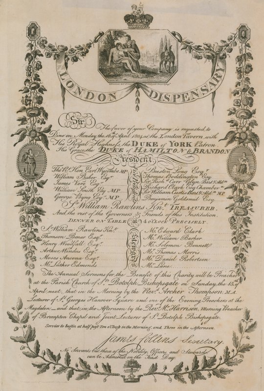 Invitation til en middag afholdt af London Dispensary på London Tavern, 16. april 1804 af English School