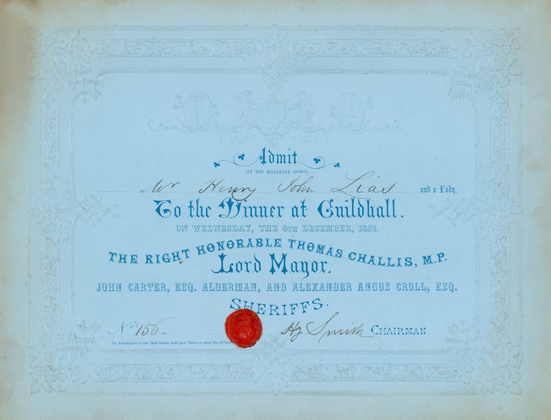 Invitation til middag i Guildhall, London, den 8. december 1852 af English School