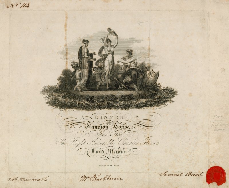 Invitation til Lord Mayors-middag i Mansion House, London, den 3. april 1809 af English School