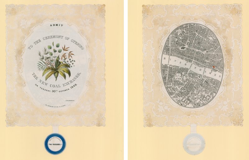 Invitation til ceremonien for åbning af den nye kulbørs, 30. oktober 1849, foran og bagpå af English School