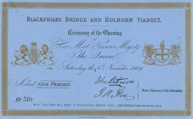 Invitation til åbningen af Blackfriars Bridge og Holborn Viaduct af English School