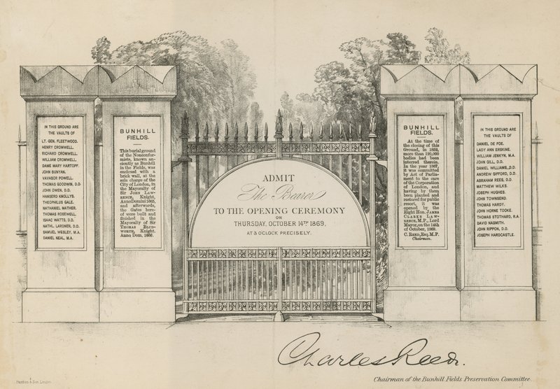 Invitation til åbningen af Bunhill Fields Cemetery af English School