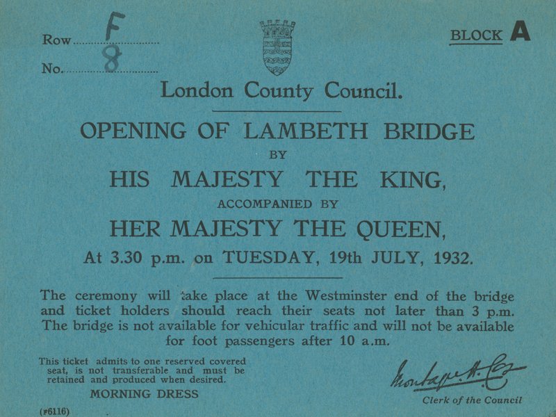 Invitation til åbningen af Lambeth Bridge af English School