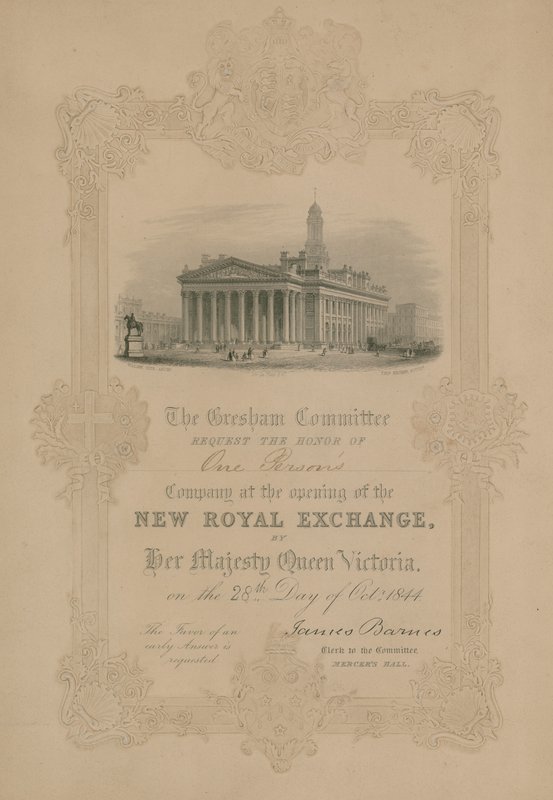 Invitation til åbningen af den nye Royal Exchange, London, af Hendes Majestæt Dronning Victoria den 28. oktober 1844 af English School