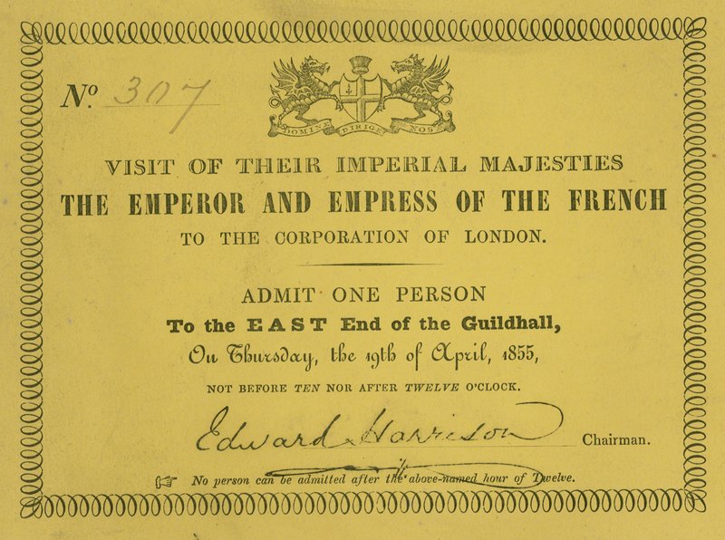 Invitation til besøg af deres kejserlige majestæter, franskmændenes kejser og kejserinde, i Guildhall, London, den 19. april 1855 af English School